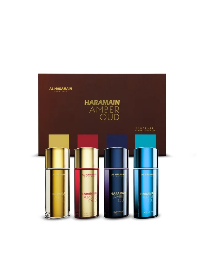 الحرمين مجموعة عطور حرمين أمبر عود للسفر ٤ × ٣٠ مل إكسترا دو بارفان | الإصدار الذهبي، الإصدار الياقوتي، دبي نايت وأكوا دبي | مجموعة عطور فاخرة للرجال والنساء